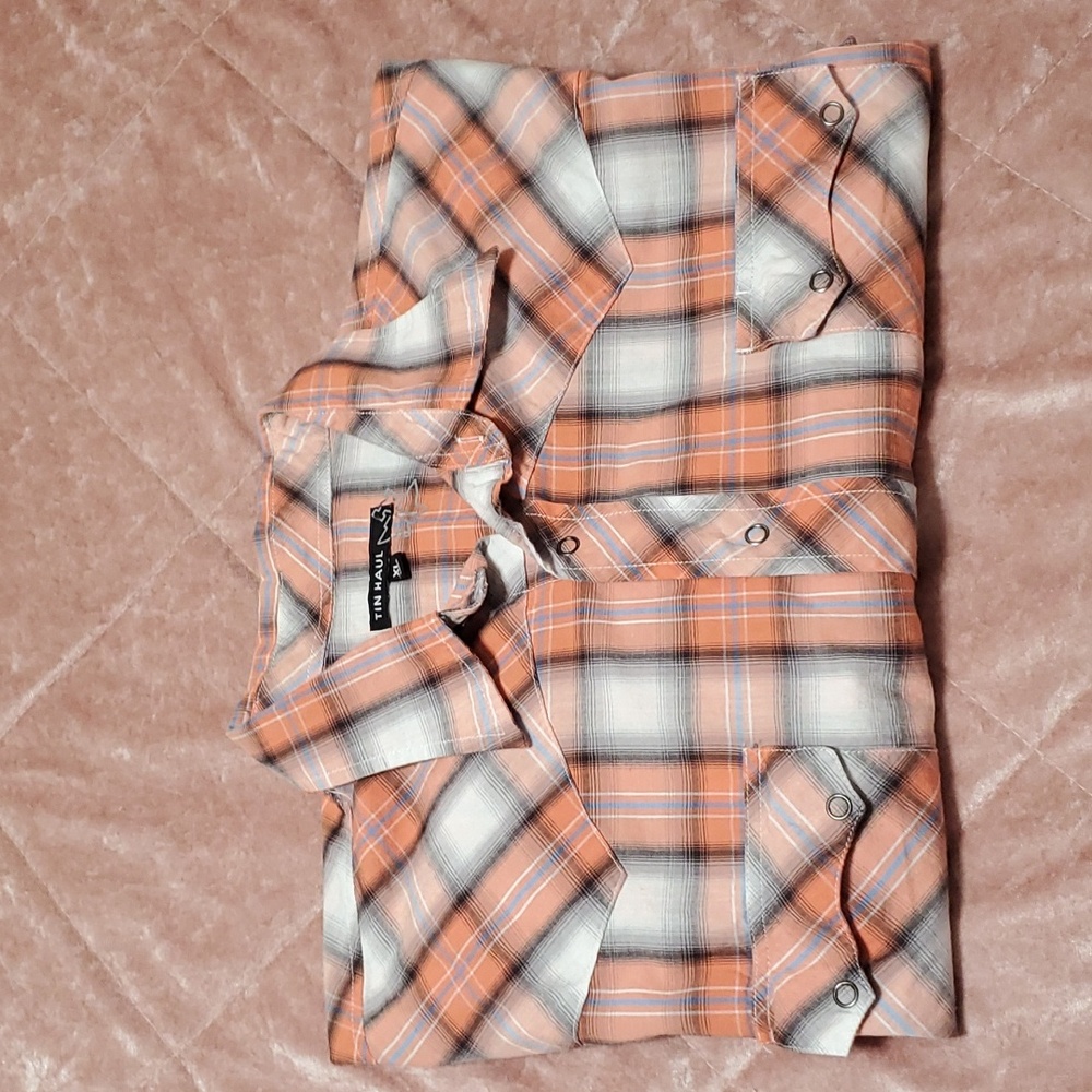 Tin Haul Mens Multi-Color 100% Cotton orange and gray Plaid shirt men's XL